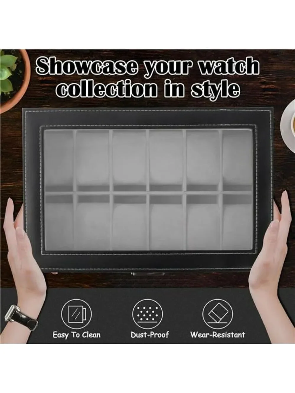 Watch Display Box 12 Slot PU Leather Jewelry Organizer with Glass Lid Drawer